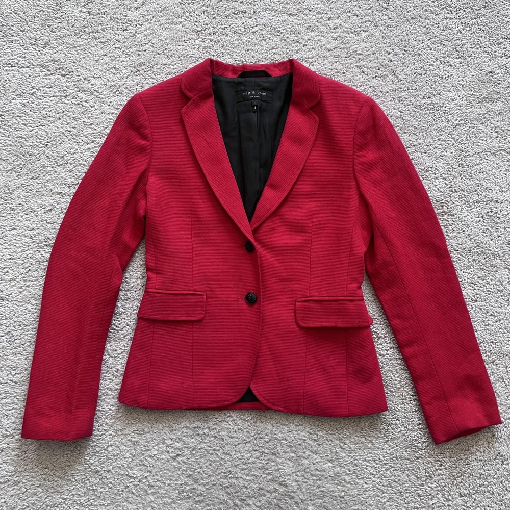 Rag & Bone Textured Suit Blazer Womens 4 Red Linen Cotton Two Button Jacket USA
